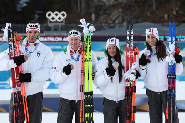 (260208) -- ANTERSELVA, Feb. 8, 2026 -- Silver medalists Lisa Vittozzi (1st R), Dorothea Wierer (2nd R), Lukas Hofer (2nd L) and Tommaso Giacomel of Italy attend the awarding ceremony of the biathlon mixed relay 4 x 6km (M+W) at the Milan-Cortina 2026 Olympic Winter games, Winterspiele,Spiele, Summer games in Anterselva, Italy, Feb. 8, 2026. ) (MICO2026)ITALY-ANTERSELVA-OLYMPIC WINTER GAMES-BIATHLON-MIXED RELAY 4 x 6KM (M+W) ZhangxTao 
