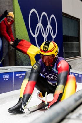 CORTINA, ITALY - FEBRUARY 8: Max Langenhan (Germany) smiles after winning Gold during the Luge Men s Singles at the Milano Cortina 2026 Olympics at Cortina Sliding Centre on day 3 of the Milano Cortina 2026 Olympics on February 8, 2026 in Cortina, Italy. Editorial use only. Venezia Italy Copyright: xSteffiexWunderlx