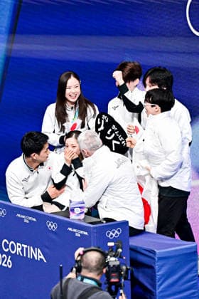Riku MIURA & Ryuichi KIHARA (JPN), at Kiss & Cry, during Team Event - Pair Skating Free Skating, at the Olympic Winter games, Winterspiele,Spiele, Summer games Milano Cortina 2026, at Milano Ice Skating Arena, on February 8, 2026 in Milan, Italy. Noxthirdxpartyxsales  aflo_318991759