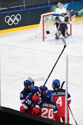 Czech players celebrate the first goal during women s Ice hockey, Eishockey match of Group A: Czechia vs Finland, at the Milano Cortina 2026 Winter Olympic Games, Olympische Spiele, Olympia, OS in Milan, Italy, on February 8, 2026. (CTKxPhoto MichalxKamaryt) CTKPhotoP2026020807905  CTKPhotoP2026020807905