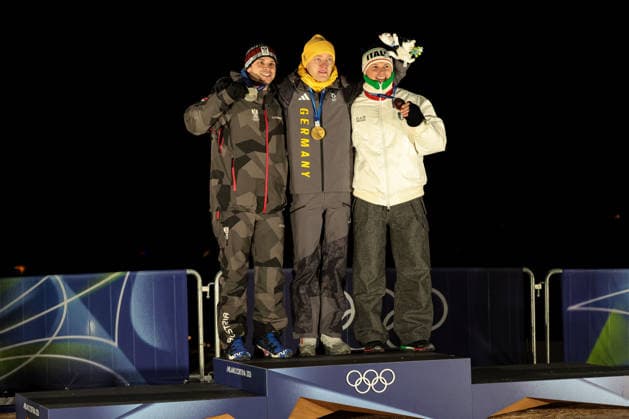 Max Langenhan (GER) 1st place, gold medal, Jonas Mueller (AUT), 2nd place, silver medal, Dominik Fischnaller (ITA), 3rd place, bronze medal, on the podium at the end of the Olympic Winter games, Winterspiele,Spiele, Summer games Milano-Cortina 2026, Luge Men s Singles Final on February 08, 2026 at Cortina Sliding Center in Cortina d Ampezzo, Italy  Copyright: xLucianoxMariaxBisi IPAxSportx xipa-agency.netx xx IPA_71148690 IPA_Agency_IPA71148690