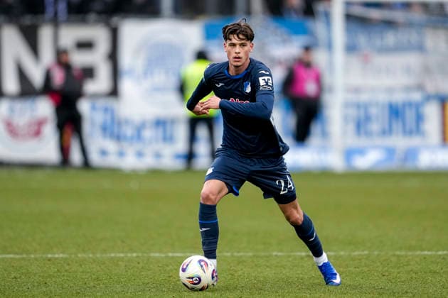 Luca Erlein TSG II 24 , on the ball, cropped, full body, single image, single photo, action, action, 08 02 2026, Sinsheim Germany , Soccer, 3 Liga, TSG 1899 Hoffenheim II F C Hansa Rostock, DFB DFL REGULATIONS PROHIBIT ANY USE OF PHOTOGRAPHS AS IMAGE SEQUENCES AND OR QUASI VIDEO xozx