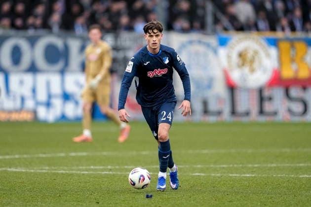 Luca Erlein TSG II 24 , on the ball, cropped, full body, single image, single photo, action, action, 08 02 2026, Sinsheim Germany , Soccer, 3 Liga, TSG 1899 Hoffenheim II F C Hansa Rostock, DFB DFL REGULATIONS PROHIBIT ANY USE OF PHOTOGRAPHS AS IMAGE SEQUENCES AND OR QUASI VIDEO xozx