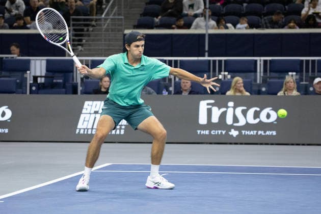 February 8, 2026, Frisco, Texas, USA: ZACHARY SVADJA (USA) returns with a forehand during a menÃ¢â‚¬â ¢s singles qualifying match at 2026 Nexo Dallas Open at The Ford Center at The Star in Frisco, Texas. Svadja defeated Boyer, 6:3, 5:7, 6:4. Frisco USA - ZUMAh193 20260208_zsp_h193_028 Copyright: xDanielxMcGregor-Huyerx