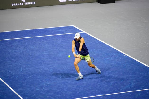 February 8, 2026, Frisco, Texas, USA: 1st seed PATRICK KYPSON returns the ball during his match against 5th seed Jack Pennington Jones at the Dallas Open qualifying session. Jack Pennington Jones defeated Patrick Kypson in 3 sets. 7-6(4), 5-7, and 7-5. Frisco USA - ZUMAm348 20260208_znp_m348_029 Copyright: xLuisxRevillaxMatax