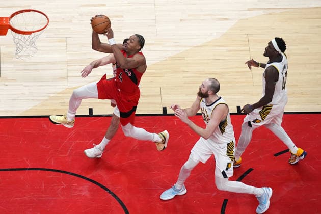 Indiana Pacers v Toronto Raptors TORONTO, CANADA - FEBRUARY 8 : Scottie Barnes (4) of Toronto Raptors in action during the NBA, Basketball Herren, USA basketball game between Indiana Pacers and Toronto Raptors at the Scotiabank Arena on February 8, 2026 in Toronto, Ontario, Canada. Mert Alper Dervis Anadolu Ontario Canada. Editorial use only. Please get in touch for any other usage.  Copyright: x2026xAnadoluxMertxAlperxDervisx