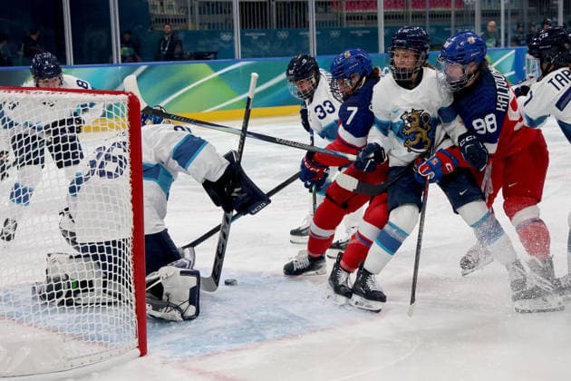February 8, 2026, Milan, Lombardy, Italy: Anni Keisala 36 of Team Finland blocks a shot by Klara Seroiszkova 7 of Team Czechia in women s Ice hockey, Eishockey Group A game during the Milano Cortina 2026 Olympic Winter games, Winterspiele,Spiele, Summer games at Milano Rho Ice Hockey Arena. Olympics 2026: Milano Cortina: Ice Hockey Women S Group A - CZE-FIN  - ZUMAm117 20260208_oly_m117_016 Copyright: xDavidxMcIntyrex