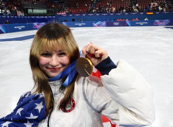 February 8, 2026, Milan, Lombardy, Italy: celebrate with the gold medal during the Victory Ceremony of the Figure skating, Eiskunstlauf Team Event at the Milano Cortina 2026 Winter Olympic Games, Olympische Spiele, Olympia, OS Milan Italy - ZUMAc179 20260208_oly_c179_088 Copyright: xMickaelxChavetx