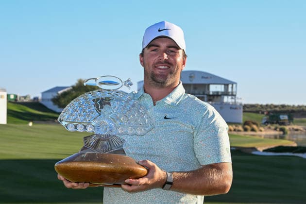 SCOTTSDALE, AZ - FEBRUARY 08: Chris Gotterup (USA) holds the trophy for winning the Waste Management Phoenix Open on February 8, 2026, at TPC Scottsdale, Scottsdale, Arizona. (Photo by Ken Murray Icon Sportswire) GOLF: FEB 08 PGA, Golf Herren WM Phoenix Open EDITORIAL USE ONLY Icon2602080214