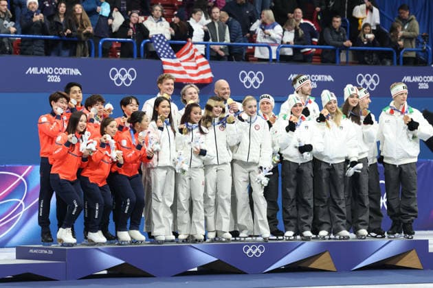 February 8, 2026, Milan, Lombardy, Italy: Team USA, Team Japan and Team Italy are the gold, silver and bronze medal winners during the Victory Ceremony of the Figure skating, Eiskunstlauf Team Event at the Milano Cortina 2026 Winter Olympic Games, Olympische Spiele, Olympia, OS Olympics 2026: Milano Cortina: Figure Skating Team Event  - ZUMAc179 20260208_oly_c179_130 Copyright: xMickaelxChavetx