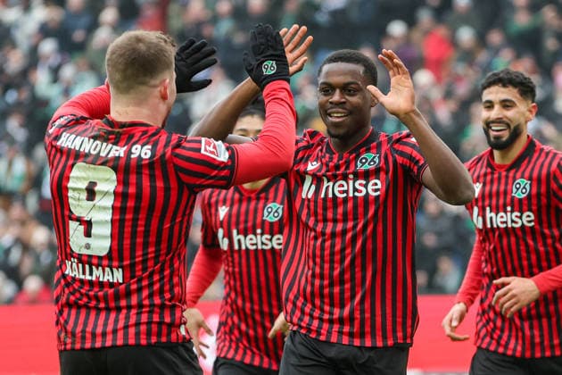 2 Bundesliga Hannover 96 Holstein Kiel on 08 02 2026 at the Heinz von Heiden Arena in Hannover Cheering, goal celebration, goal scorer, goal scorer Noel Aseko Nkili Hannover cheers after his goal to 2 to 0 with Benjamin Källman Kaellman Hannover MH