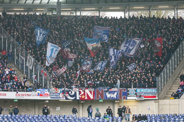 2 Bundesliga Hannover 96 Holstein Kiel on 08 02 2026 at Heinz von Heiden Arena in Hannover Holstein Kiel fans wave flags in the visitors block MH
