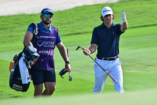 February 8, 2026, Doha, Qatar: Angel Ayora of Spain walks with his caddie on the 10th hole during fourth round of the Qatar Masters 2026 golf tournament at the Doha Golf Club. Qatar Masters 2026-Day Four In Doha - 08 Feb 2026  - ZUMAs197 20260208_aaa_s197_364 Copyright: xNoushadxVariyattiyakkalx