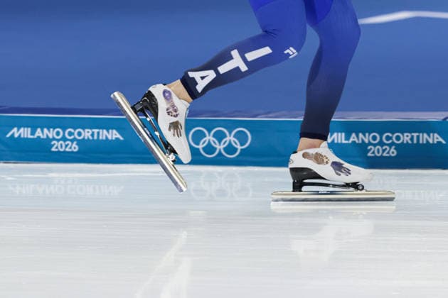 February 8, 2026, Rho, Lombardy, Italy: Detail of the skates of DAVIDE GHIOTTO of Italy as he competes in the Men s Speed skating, Eisschnelllauf 5000m at the Milano Cortina 2026 Winter Olympic Games, Olympische Spiele, Olympia, OS Olympics 2026: Milano Cortina: Speed Skating  - ZUMAc179 20260208_oly_c179_281 Copyright: xMickaelxChavetx