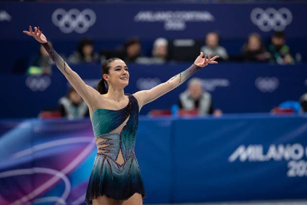 February 8, 2026, Cortina D ampezzo, Belluno, Italy: Italian Lara Naki Gutmann (ITA) reacts after her performance in the Women Single Free Skating during the 2026 Winter Olympics at the Milano Ice Skating Arena on Sunday in Cortina d Ampezzo. Olympics 2026: Milano Cortina: Figure skating, Eiskunstlauf Team Women  - ZUMAj89_ 20260208_oly_j89_024 Copyright: xPaulxKitagakixJr.x