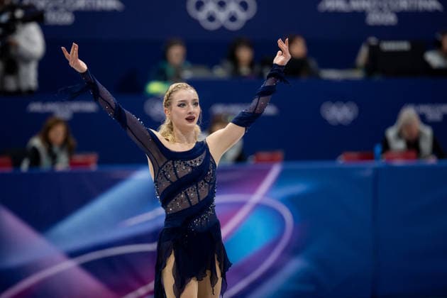 February 8, 2026, Cortina D ampezzo, Belluno, Italy: American Amber Glenn (4) (USA) reacts after her performance in the Women Single Free Skating during the 2026 Winter Olympics at the Milano Ice Skating Arena on Sunday in Cortina d Ampezzo. Olympics 2026: Milano Cortina: Figure skating, Eiskunstlauf Team Women  - ZUMAj89_ 20260208_oly_j89_038 Copyright: xPaulxKitagakixJr.x