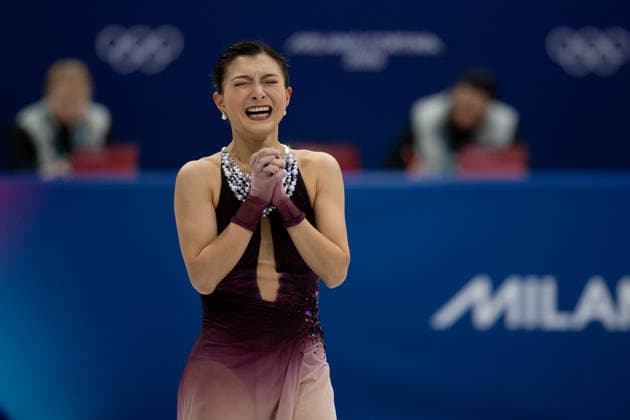 February 8, 2026, Cortina D ampezzo, Belluno, Italy: Japanese Kaori Sakamoto (JPN) reacts after her performance in the Women Single Free Skating during the 2026 Winter Olympics at the Milano Ice Skating Arena on Sunday in Cortina d Ampezzo. Olympics 2026: Milano Cortina: Figure skating, Eiskunstlauf Team Women  - ZUMAj89_ 20260208_oly_j89_053 Copyright: xPaulxKitagakixJr.x