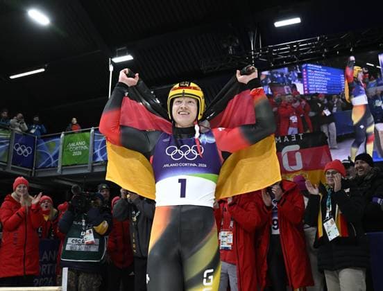 Milan Cortina Olympics: Luge Germany s Max Langenhan celebrates after winning the men s singles luge gold at the Milan Cortina Olympics at Cortina Sliding Centre in Cortina d Ampezzo, Italy, on Feb. 8, 2026.  A14AA0005258954P