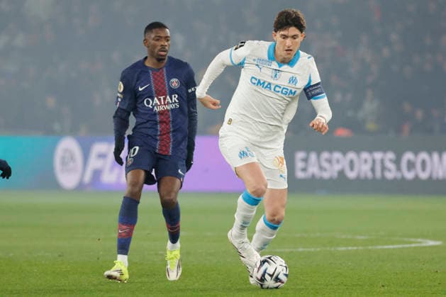 French League One - PSG vs OM PSG’s Ousmane Dembele battles OM’s Leonardo Balerdi during the 2025-26 French soccer League One game, PSG vs OM in Parc des Princes Stadium, Paris, France on February 8th 2026. Photo by Henri Szwarc ABACAPRESS.COM Paris France  Copyright: xSzwarcxHenri ABACAx