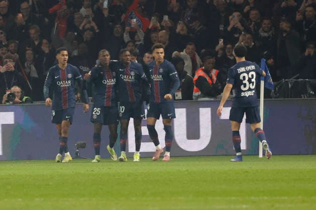 French League One - PSG vs OM PSG’s joy after Ousmane Dembele scores the 1-0 goal during the 2025-26 French soccer League One game, PSG vs OM in Parc des Princes Stadium, Paris, France on February 8th 2026. Photo by Henri Szwarc ABACAPRESS.COM Paris France  Copyright: xSzwarcxHenri ABACAx