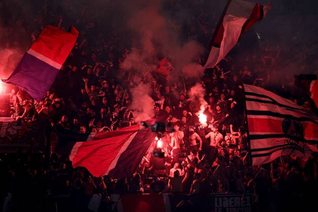 FBL FRA LIGUE1 Paris Saint Germain Olympique Marseille Paris Saint Germain fans pyrotechnics illuminate the stadium during the French L1 football match between El Classico Paris Saint Germain PSG and Olympique Marseille at Parc des Princes on February 08, 2026 in Paris France Copyright: HMBxMedia xAntonioxBorga
