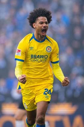 08 02 2026 Soccer, 2025 2026, 2 Bundesliga, Matchday 21, DSC Arminia Bielefeld Eintracht Braunschweig Sidi Sane Braunschweig cheers after his goal for 1 1 DFL REGULATIONS PROHIBIT ANY USE OF PHOTOGRAPHS AS IMAGE SEQUENCES AND OR QUASI VIDEO