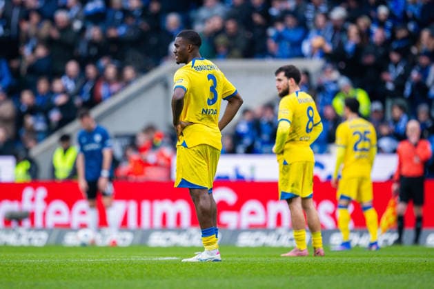 08 02 2026 Soccer, 2025 2026, 2 Bundesliga, 21 Matchday, DSC Arminia Bielefeld Eintracht Braunschweig L R Patrick Nkoa Braunschweig , Mehmet Aydin Braunschweig , Grant Leon Ranos Braunschweig DFL REGULATIONS PROHIBIT ANY USE OF PHOTOGRAPHS AS IMAGE SEQUENCES AND OR QUASI VIDEO