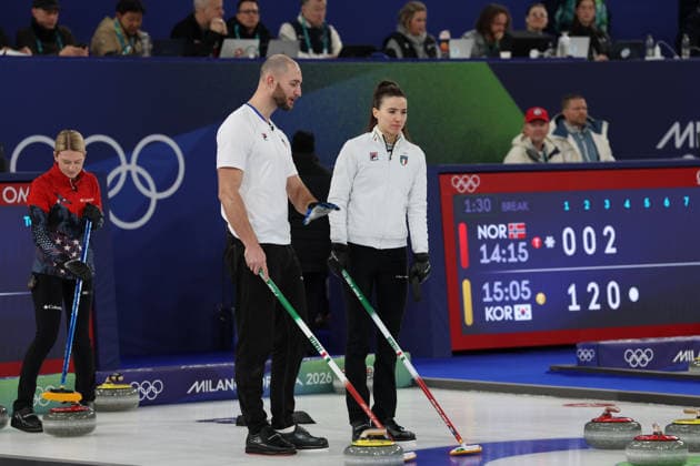 Olympics Milan Cortina 2026 Curling Italy vs United States, Amos Mosaner, Stefania Costantini (ITA), Cortina d Ampezzo, Italy, February 9, 2026. Photo Felice Calabro  Copyright: xFelicexCalabro x xipa-agency.netx xFELICExCALABRO x IPA_Agency_IPA71171111