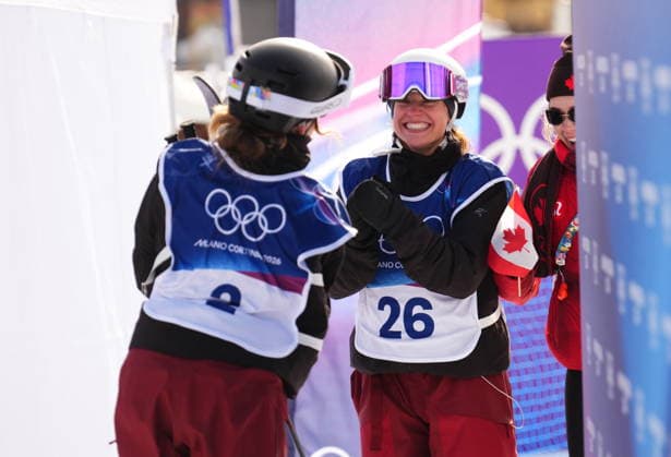 February 9, 2026, Livigno, Italy: Megan Oldham, of Canada, left, reacts with teammate Naomi Urness after Oldham s third run as they compete in the women s freeski slopestyle final at the Milano Cortina 2026 Winter Olympic Games, Olympische Spiele, Olympia, OS in Livigno, Italy on Monday, Feb. 9, 2026. Canada News - February 9, 2026  - ZUMAc35_ 20260209_zaf_c35_031 Copyright: xSeanxKilpatrickx