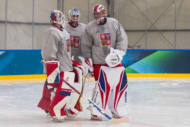 From left Czech goalies Lukas Dostal, Karel Vejmelka, Daniel Vladar in action during the training session during the Milano Cortina 2026 Winter Olympic Games, Olympische Spiele, Olympia, OS in Milan, Italy, on February 9, 2026. (CTKxPhoto MichalxKamaryt) CTKPhotoP2026020905491  CTKPhotoP2026020905491