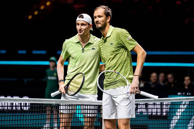 2026-02-09 ABN AMRO Open - Day One ROTTERDAM, NETHERLANDS - FEBRUARY 9: Ugo Humbert, Daniil Medvedev posing for a photo before their match during Day One of the ABN AMRO Open at Rotterdam Ahoy on February 9, 2026 in Rotterdam, Netherlands. (Photo by Gabriel Calvino Alonso BSR Agency) Rotterdam Netherlands Content not available for redistribution in The Netherlands directly or indirectly through any third parties. Copyright: xBSRxAgencyx