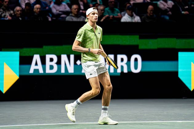 2026-02-09 ABN AMRO Open - Day One ROTTERDAM, NETHERLANDS - FEBRUARY 9: Ugo Humbert looks on during Day One of the ABN AMRO Open at Rotterdam Ahoy on February 9, 2026 in Rotterdam, Netherlands. (Photo by Gabriel Calvino Alonso BSR Agency) Rotterdam Netherlands Content not available for redistribution in The Netherlands directly or indirectly through any third parties. Copyright: xBSRxAgencyx