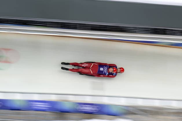 February 9, 2026, Cortina, Veneto, Italy: Sevics Mikelsevics Eduards and Krasts Lukass from Latvia during the Winter Olympic Games, Olympische Spiele, Olympia, OS Milano Cortina 2026, in Cortina Sliding Centre , on February 9 2026, in Cortina, Italy Olympics 2026: Milano Cortina: Luge ManÃ¢â‚¬â ¢S  - ZUMAm345 20260209_oly_m345_079 Copyright: xFedericoxManonix