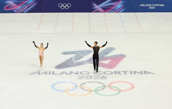 February 9, 2026, Milan, Lombardy, Italy: LAURENCE FOURNIER BEAUDRY and GUILLAUME CIZERON of France practice their Ice Dance Rhythm Dance of the Figure skating, Eiskunstlauf Team Event at the Milano Cortina 2026 Winter Olympic Games, Olympische Spiele, Olympia, OS Olympics 2026: Milano Cortina: Figure Skating Ice Dance Rhythm Dance  - ZUMAc179 20260209_oly_c179_033 Copyright: xMickaelxChavetx