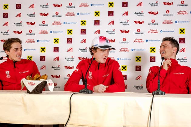 OLYMPICS - Winter Olympic Games, Olympische Spiele, Olympia, OS Milano Cortina 2026 VAL DI FIEMME,ITALY,09.FEB.26 - OLYMPICS, NORDIC SKIING, NORDIC COMBINED - Winter Olympic Games Milano Cortina 2026, press conference, PK, Pressekonferenz Ski Austria. Image shows Stefan Rettenegger, Thomas Rettenegger and Johannes Lamparter (AUT).  GEPAxpictures xMatthiasxTrinkl