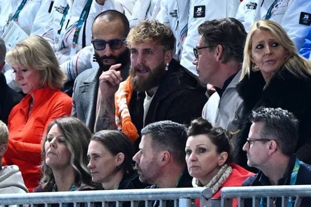 US Jake Paul (C) pictured in the stands waiting his partner Dutch Jutta Leerdam at the Women s 1000m Speed skating, Eisschnelllauf race at the Milano Cortina 2026 Olympic Winter games, Winterspiele,Spiele, Summer games on Monday 09 February 2026 in Milan, Italy. The XXV Winter Olympics take place from 6 to 22 February 2026 in Italy. JASPERxJACOBS  x162171533x
