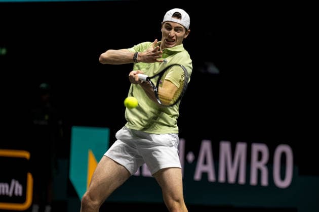 ROTTERDAM, NETHERLANDS - FEBRUARY 09: Ugo Humbert of France in action against Daniil Medvedev during Day 1 of the ABN AMRO Open at Rotterdam Ahoy on February 9, 2026 in Rotterdam, Netherlands. (Photo by Andy Astfalck) Netherlands Copyright: xAndyxAstfalckx