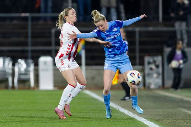 Google Pixel Women Bundesliga 1 FC Köln SGS Essen 09 02 2026 Sandra Maria Jessen 1 FC Köln, 6 , Julia Debitzki SGS Essen, 23 on matchday 17 of the Google Pixel Women Bundesliga in the match between 1 FC Köln and SGS Essen on 09 02 2026 at Franz Kremer Stadion in Cologne Copyright: xBEAUTIFULxSPORTS Meuselx