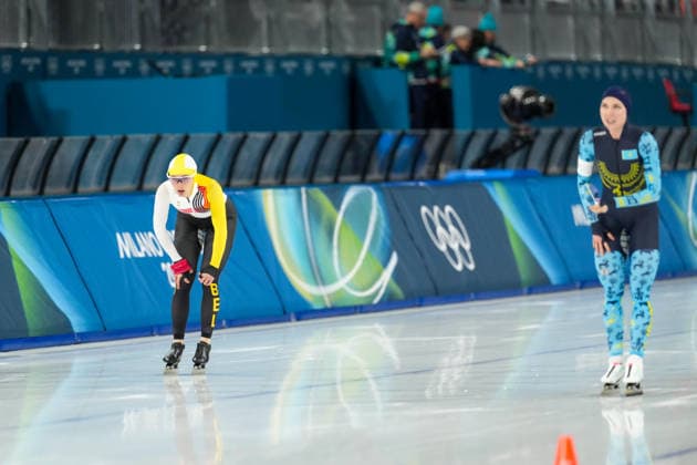 2026-02-09 - Milano Cortina 2026 Winter Olympics 1000m Women MILAN, ITALY - FEBRUARY 9: Isabelle van Elst of Belgium, Elizaveta Golubeva of Kazakhstan during the 1000m Women on day 3 of the Milano Cortina 2026 Winter Olympics at the Milano Speed skating, Eisschnelllauf Arena on February 9, 2026 in Milan, Italy Milan Milano Speed Skating Arena Italy Content not available for redistribution in The Netherlands directly or indirectly through any third parties. Copyright: xAndrexWeeningx