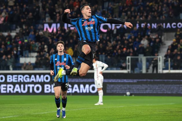 Bergamo, Italy, 9th February 2026. Nikola Krstovic of Atalanta celebrates after scoring to give the side a 1-0 lead during the Atalanta vs US Cremonese Serie A match at New Balance Arena, Bergamo. Picture credit should read: Jonathan Moscrop Sportimage EDITORIAL USE ONLY. No use with unauthorised audio, video, data, fixture lists, club league logos or live services. Online in-match use limited to 120 images, no video emulation. No use in betting, games or single club league player publications. SPI_001_ATALANTA_CREMONESE_ SPI-4501-0001