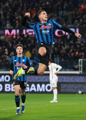 Bergamo, Italy, 9th February 2026. Nikola Krstovic of Atalanta celebrates after scoring to give the side a 1-0 lead during the Atalanta vs US Cremonese Serie A match at New Balance Arena, Bergamo. Picture credit should read: Jonathan Moscrop Sportimage EDITORIAL USE ONLY. No use with unauthorised audio, video, data, fixture lists, club league logos or live services. Online in-match use limited to 120 images, no video emulation. No use in betting, games or single club league player publications. SPI_002_ATALANTA_CREMONESE_ SPI-4501-0002