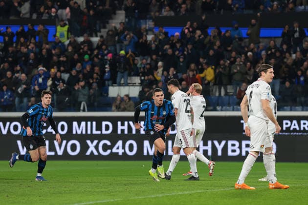 Bergamo, Italy, 9th February 2026. Nikola Krstovic of Atalanta celebrates after scoring to give the side a 1-0 lead during the Atalanta vs US Cremonese Serie A match at New Balance Arena, Bergamo. Picture credit should read: Jonathan Moscrop Sportimage EDITORIAL USE ONLY. No use with unauthorised audio, video, data, fixture lists, club league logos or live services. Online in-match use limited to 120 images, no video emulation. No use in betting, games or single club league player publications. SPI_005_ATALANTA_CREMONESE_ SPI-4501-0005