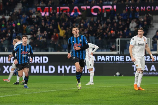 Bergamo, Italy, 9th February 2026. Nikola Krstovic of Atalanta celebrates after scoring to give the side a 1-0 lead during the Atalanta vs US Cremonese Serie A match at New Balance Arena, Bergamo. Picture credit should read: Jonathan Moscrop Sportimage EDITORIAL USE ONLY. No use with unauthorised audio, video, data, fixture lists, club league logos or live services. Online in-match use limited to 120 images, no video emulation. No use in betting, games or single club league player publications. SPI_006_ATALANTA_CREMONESE_ SPI-4501-0006