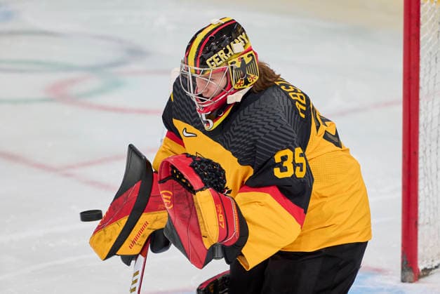Sandra Abstreiter of Germany at the preliminary women Ice hockey, Eishockey match Group B Germany - France of the Milano Cortina 2026 Winter Olympic Games, Olympische Spiele, Olympia, OS at Milano Rho Ice Hockey Arena on February 9, 2026 in Milan, Italy.