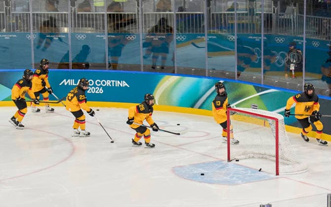 DEB team at warm-up at the preliminary women Ice hockey, Eishockey match Group B Germany - France of the Milano Cortina 2026 Winter Olympic Games, Olympische Spiele, Olympia, OS at Milano Rho Ice Hockey Arena on February 9, 2026 in Milan, Italy.