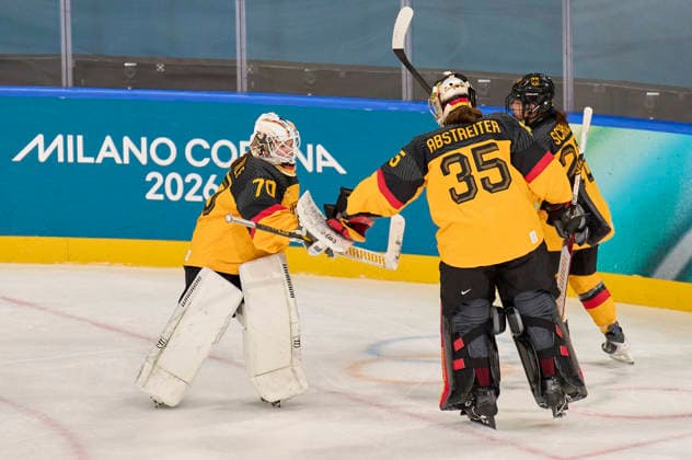 Sandra Abstreiter of Germany Lisa Hemmerle of Germany at warm-up at the preliminary women Ice hockey, Eishockey match Group B Germany - France of the Milano Cortina 2026 Winter Olympic Games, Olympische Spiele, Olympia, OS at Milano Rho Ice Hockey Arena on February 9, 2026 in Milan, Italy.
