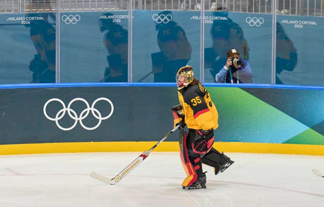 Sandra Abstreiter of Germany at the preliminary women Ice hockey, Eishockey match Group B Germany - France of the Milano Cortina 2026 Winter Olympic Games, Olympische Spiele, Olympia, OS at Milano Rho Ice Hockey Arena on February 9, 2026 in Milan, Italy.