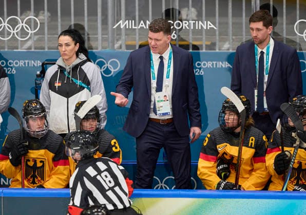 Headcoach Jeff MacLeod of Germany angry at the preliminary women Ice hockey, Eishockey match Group B Germany - France of the Milano Cortina 2026 Winter Olympic Games, Olympische Spiele, Olympia, OS at Milano Rho Ice Hockey Arena on February 9, 2026 in Milan, Italy.