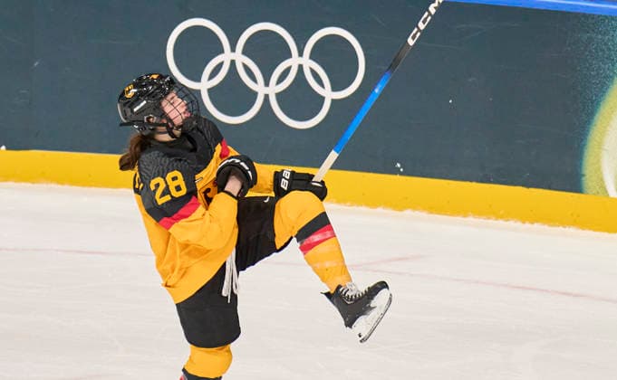 Katarina Jobst-Smith of Germany celebrates her 2-1 sudden death goal, happy, laugh, celebration, at the preliminary women Ice hockey, Eishockey match Group B Germany - France of the Milano Cortina 2026 Winter Olympic Games, Olympische Spiele, Olympia, OS at Milano Rho Ice Hockey Arena on February 9, 2026 in Milan, Italy.