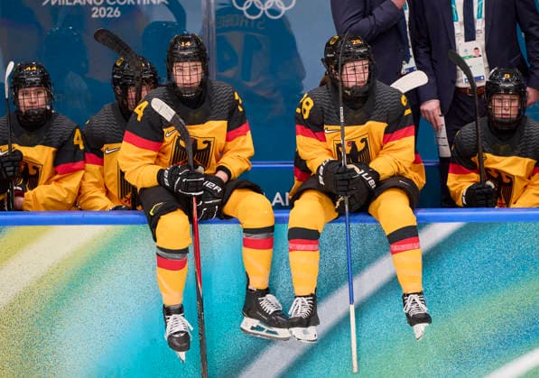 Carina Strobel of Germany Katarina Jobst-Smith of Germany at the preliminary women Ice hockey, Eishockey match Group B Germany - France of the Milano Cortina 2026 Winter Olympic Games, Olympische Spiele, Olympia, OS at Milano Rho Ice Hockey Arena on February 9, 2026 in Milan, Italy.